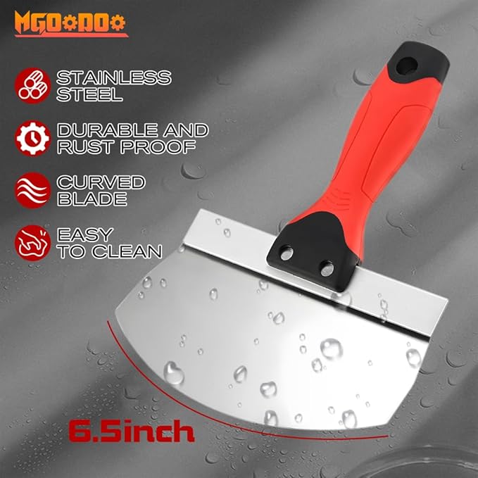 Mgoodoo 2PCS Stainless Steel Bucket Scoop,6.5 inch Curved Contoured Blade Putty Knife for Drywall & Plaster,Rustproof Scraper Tools with Soft-Grip Handle for Clean Paint,Mortar,Putty,etc(Red)