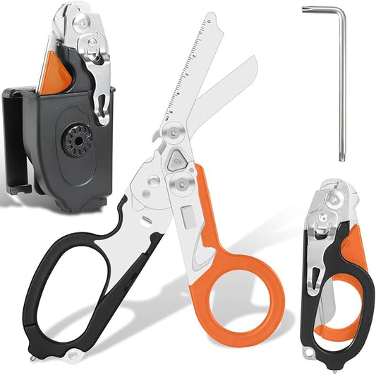 6-in-1 Multi-function Trauma Shears With Holster, Trauma Shears for Nurses Foldable, Heavy Duty Stainless Steel Scissors all Purpose, Outdoor Camping Rescue Scissors Tools（Orange+Black）