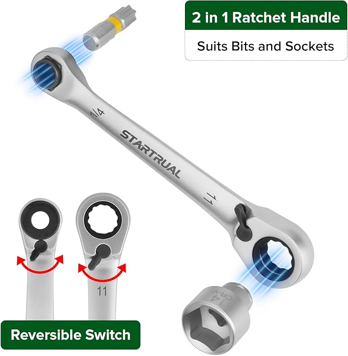 31-Piece 1/4" Mini Ratchet Screwdriver and Pass Through Socket Set, Right Angle Screwdriver, Low Profile Ratchet Set with Phillips, Pozidriv, Slotted, Hex, Torx and Socket, For Tight Spaces