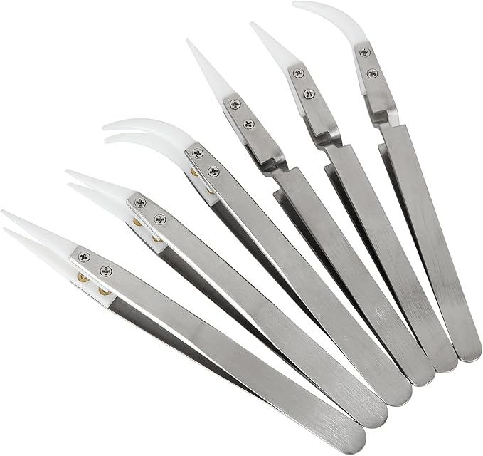 6 Pcs Precision Ceramic Reverse Solder Tweezers, Non-Conductive, Anti-Magnetic Pointed & Curved Tips Tweezers Set, Cross Lock Fiber Grip Soldering Tool, Heat-resistant Electronics Tweezers