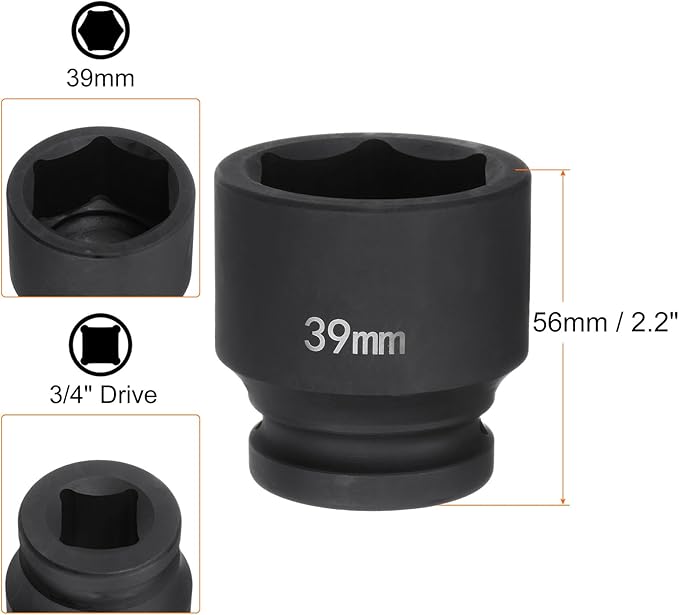 HARFINGTON 6-Point Impact Socket 3/4" Drive 39mm Metric 40Cr Alloy Steel Spindle Axle Nut Impact Socket