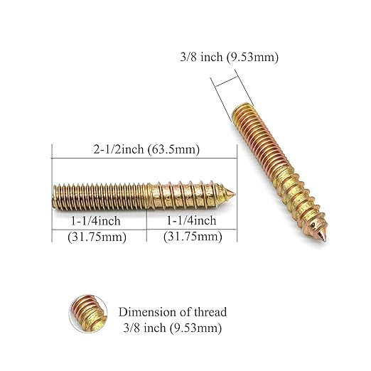 12 Pack 3/8-16" x 2-1/2 Inch Hanger Bolts Double Headed Bolts Wood Dowel Screw Self-Tapping Screw Hanger Bolts for Furniture Screws Threaded Rods Bolt 63.5mm Length