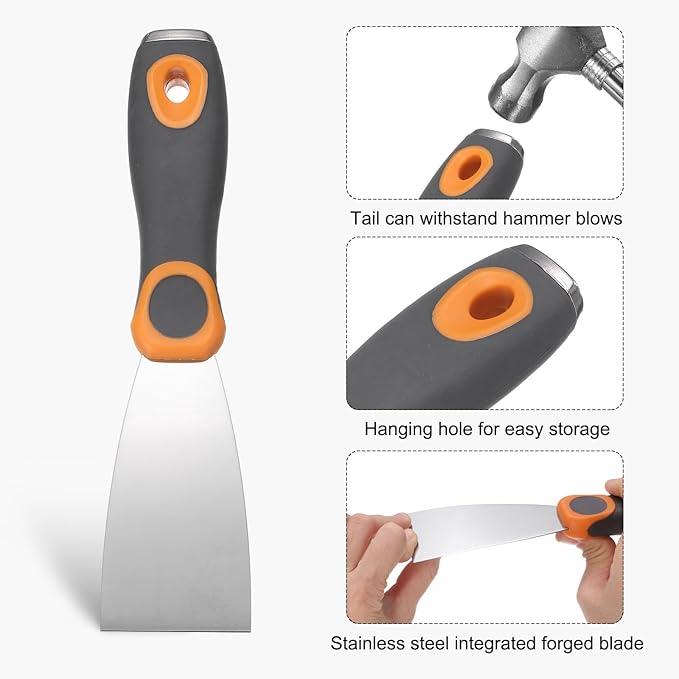 uxcell Putty Knife 2" Stainless Steel Paint Scraper Flexible Drywall Repair Mud Knife for Removing Cement Wallpaper Mud Adhesive Taping with Metal Hammer End