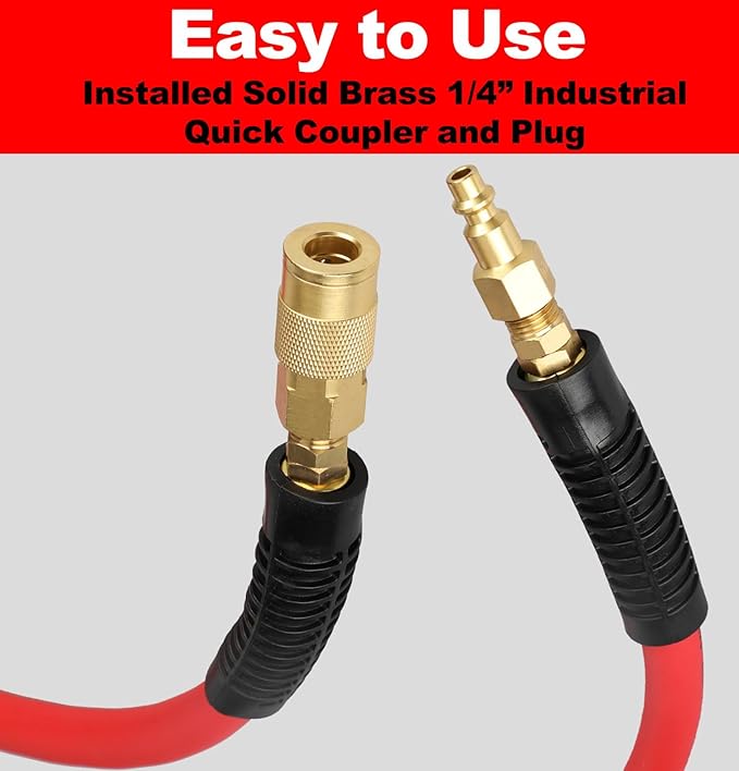 Keepro Hybrid Air Hose, Flexible 3/8 Inch ID x 10 Feet Long Lead-in Short Air Compressor Hose with Swivel Solid Brass 1/4" Industrail Quick Coupler and Plug, 300 PSI Maximum Pressure, Red