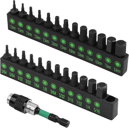 SWANLAKE 26-Piece Hex Head Allen Wrench Drill Bit Set, 1/4Hex Shank Quick Change Bit Holder, Metric and SAE S2 Steel Hex Bits Set