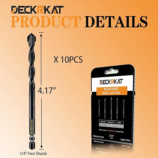 DECKRKAT 10-Piece 5/16" Carbide Masonry Drill Bits for Concrete, Brick, Tile - Black Hex Shank Set w/Heavy-Duty Case, Quick Change Fit Drill Driver