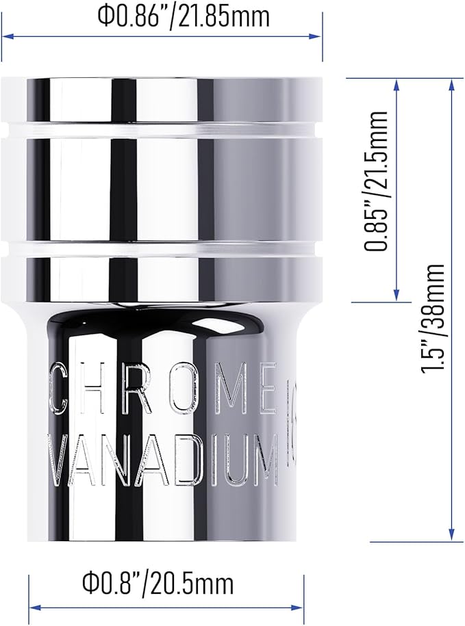 16mm Shallow Socket, 1/2 Inch Drive, 6-Point, Metric, Heat Treated CR-V Steel Short Sockets, Full Polishing, 1.5 Inch Length