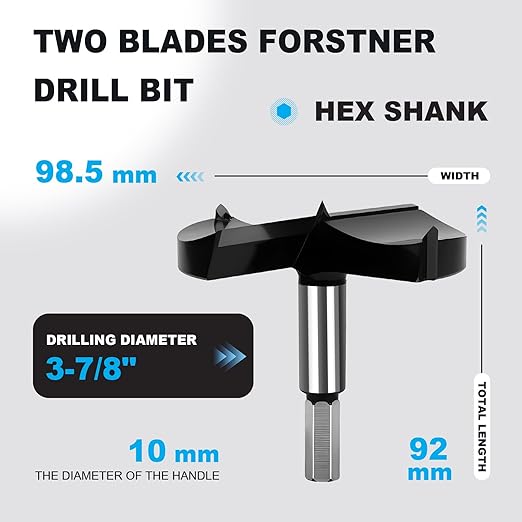3-7/8 Inch Forstner Drill Bit Carbide Tipped,Woodworking Hinge Cutter for Precise Flat Bottom Holes in Hard Wood,Plywood,Plastic - Professional Grade