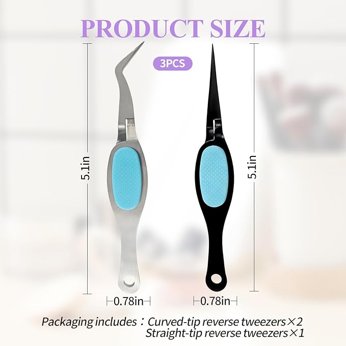 3PCS Reverse Tweezers Craft Tweezers with Soft Grip Crossing Lock for Crafting Precision Tools for Stickers, Jewelry Repair, and DIY Projects (Straight & Curved Tips)