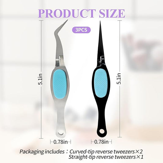 3PCS Reverse Tweezers Craft Tweezers with Soft Grip Crossing Lock for Crafting Precision Tools for Stickers, Jewelry Repair, and DIY Projects (Straight & Curved Tips)