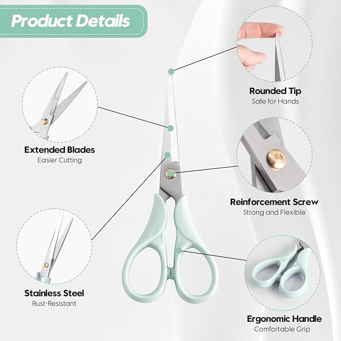 Honagu Professional Scissors - Stainless Steel Precision Blades, Non-Slip Ergonomic Handles for Crafting, Office, Fabric & DIY Projects (Green)