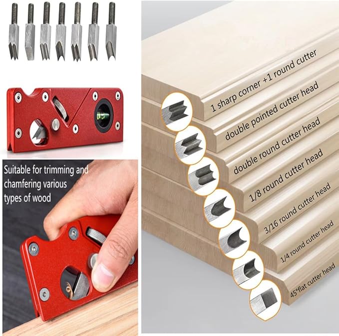 szhdxsy, Wood Planar carpenter's edge trimming tool, suitable for manual chamfering and planing of wood quick trimming,for Quick Edge Trimming and Chamfering,red(Combination upgrade-7 Cutter Heads)