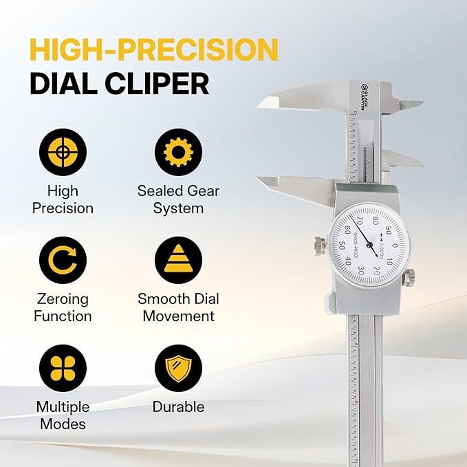 BLACK CANYON 6" Dial Caliper, 6 Inches Measurement, Caliper Measuring Tool, 0.001 inch fine Graduation, 4-Way Measurements, Hardened 4R13 Stainless Steel, Ideal for DIY/Household