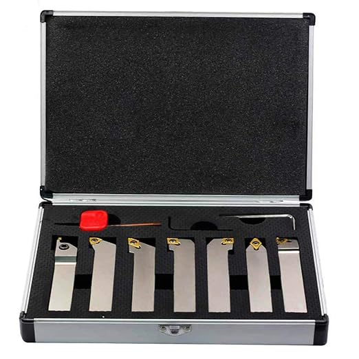 OSCARBIDE 3/4"Shank Nickel Plated Indexable Lathe Turning Tool Holder 7 Pieces/Set,CNC Heavy-Duty Metal Lathe Tools for Turning Grooving Threading Cut Off Holders Set,Tin Coated Carbide Inserts