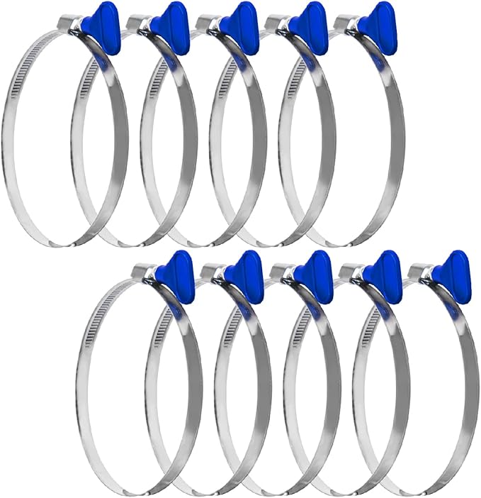 POWERTEC 70260 4 Inch Key Hose Clamp, Thumb Screw Key Adjustable Stainless Steel Hose Clamps for Dust Collection, Dust Collector and Dryer Vent Hose, Pipe Clamp, RV Clamp, Worm Gear Clamp, 10 pack