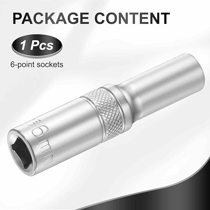 HARFINGTON 6 Points Deep Socket 1/4" Drive 6mm Deep Metric CR-V Steel Polished Nickel Plating Flip Sleeve 50mm / 2" Extra Long Socket Tool for Home Auto Nuts Bolts Repair