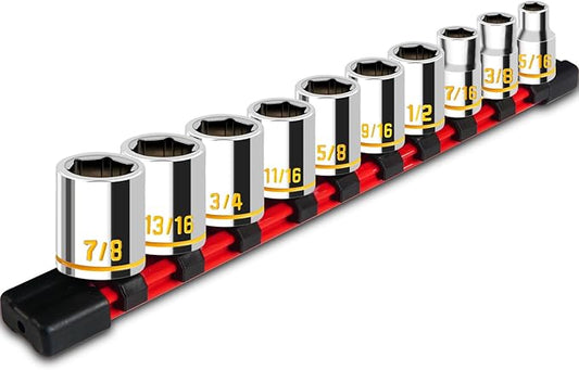10 PCS 3/8-Inch Drive Shallow Socket Set, Standard SAE, 5/16"- 7/8", 6 Point, Embossed and Painted Marking, Mirror Chrome Finish,Cr-V Steel With Rail