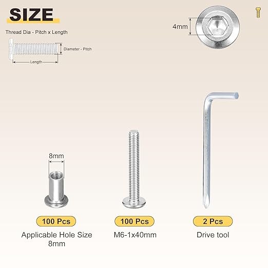 METALLIXITY Furniture Crib Screws Replacement Set with Wrench(M6-1x40mm) 200Pcs, Connector Bolts M6 Screw Barrel Nuts Binding Screws, for Chair Cabinet Bed, Silver