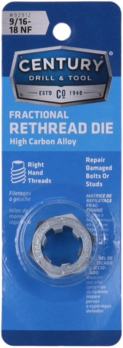 Century Drill & Tool 92912 9/16-18 NF, National Fine Fractional Right Hand Rethreading Die, High Carbon Steel, Fix Damaged Bolts or Studs