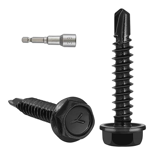52pcs #14 x 1-1/4" Self Drilling Screws for Metal,410 Stainless Steel Black Zinc Plated,Self Tapping Sheet Metal Screws,Hex Washer Head
