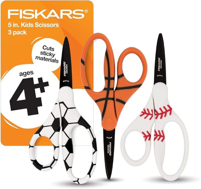 Fiskars 5" Pointed-Tip Scissors for Kids 4-7 with Non-Stick Blades (3-Pack) - Scissors for School or Crafting - Back to School Supplies - Sports Design
