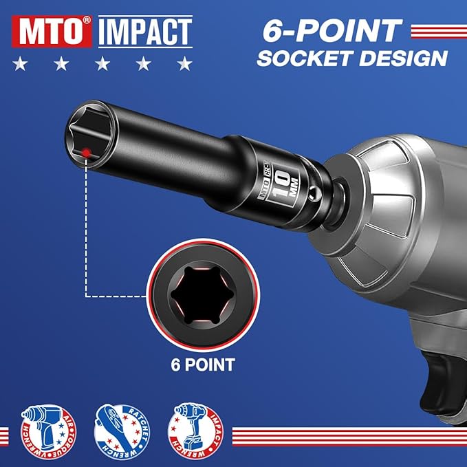 MTO 1/2" Drive 10mm Deep Impact Socket, 6-Point Metric Socket for Automotive Maintaince, CR-V Steel Meets ANSI Standards