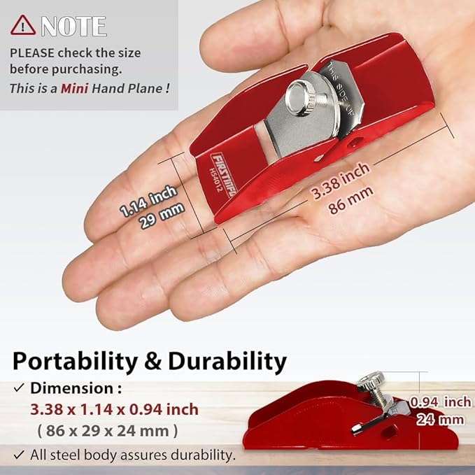 FIRSTINFO H54012 Mini Hand Plane Small Lightweight Steel Body Trimming Plane for Woodworking/Trimming/Wood Planing, Red