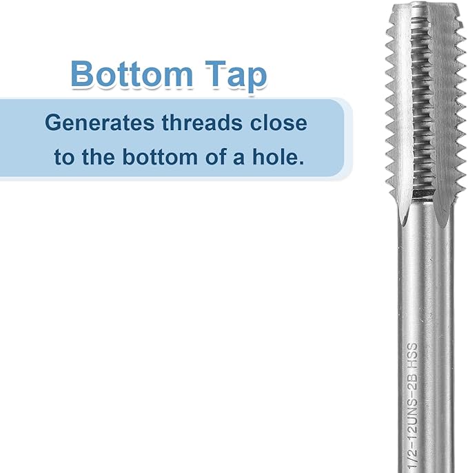 uxcell Hand Bottom Tap 1/2-12 UNS 2B Thread Bottoming Style Threading Taps High Speed Steel HSS6542 Straight Flutes Screw Tapping Tool