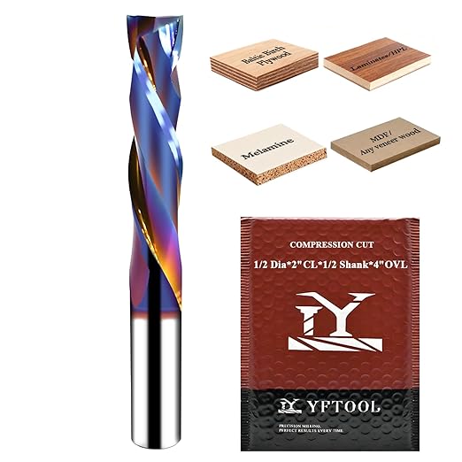 Long-Lasting Sharp 1/2 Compression Router Bit - K30 Premium Carbide CNC Spiral Bit, Extra Long 2" CL, 1/2 Inch Shank , 4" Inch OVL for Plywood, Laminate, MDF, Melamine & Veneered Wood by YFTOOL