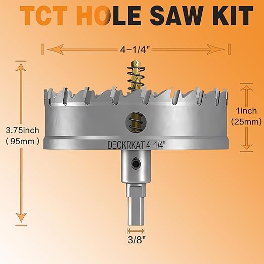 4-1/4" TCT Hole Saw for Hard Metal, Heavy Duty 108mm Tungsten Carbide Tipped Hole Cutter with Spring-Loaded Pilot Drill Bit for Stainless Steel, Metal, Iron, and Plastic.