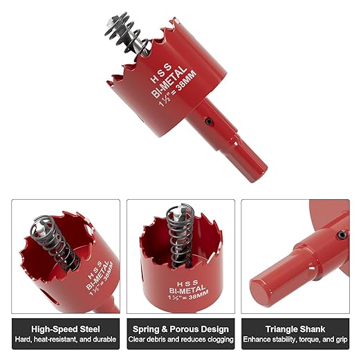 1-1/2" (38mm) Bi-Metal M42 High Speed Steel Hole Saw with Pilot Drill Bit, Smooth Cutting Edge for PVC, Drywall, Wood, Plastic, Gypsum Board, Rubber, Thin Metal
