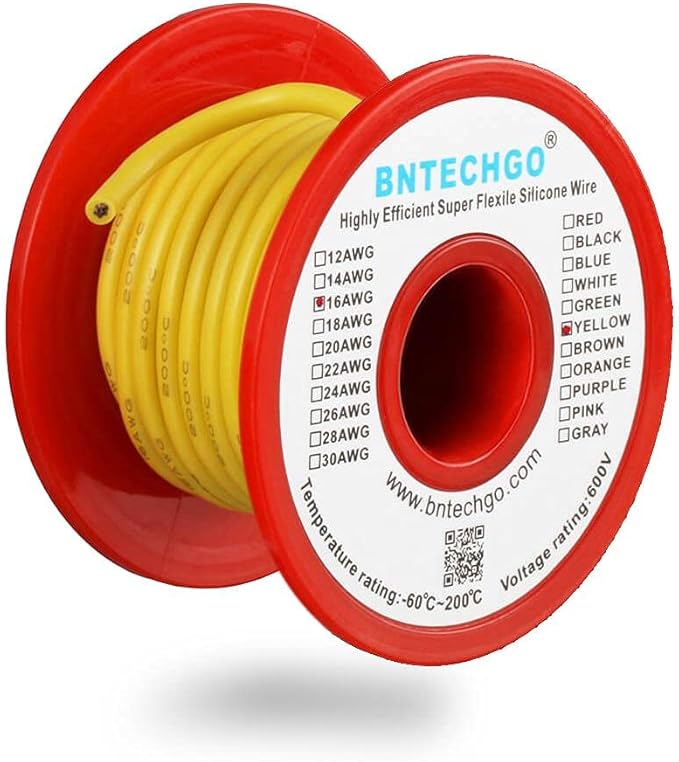 BNTECHGO 16 Gauge Silicone Wire Spool 25 ft Yellow Flexible 16 AWG Stranded Tinned Copper Wire