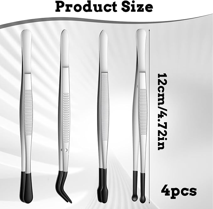 4 Pieces Rubber Tipped Tweezers PVC Rubber Coated Tip Bent and Straight Flat Tip Long Precision Tweezer for Crafts Lab Stamps Beads Hobby Jewelry Crafts Scrapbooking Tools (Black)