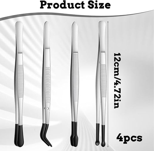 4 Pieces Rubber Tipped Tweezers PVC Rubber Coated Tip Bent and Straight Flat Tip Long Precision Tweezer for Crafts Lab Stamps Beads Hobby Jewelry Crafts Scrapbooking Tools (Black)