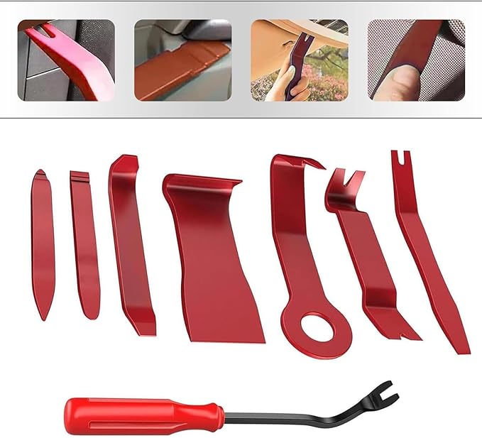 8 PCS Car Trim Removal Tool Kit, Panel Fastener Clips Removal Tool, Vehicle Plastic Upholstery Crowbar for Removing Car Audio, Dashboard, Window Trim Fastener (Red)