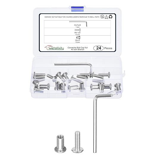 METALLIXITY Furniture Crib Screws Replacement Set with Wrench(M6-1x20mm) 24Pcs, Connector Bolts M6 Screw Barrel Nuts Binding Screws, for Chair Cabinet Bed, Silver