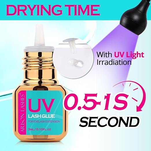 Eyelash Extension UV Eyelash Glue 1 Sec Quick Dry Strong Bond UV Lash Glue Adhesive Waterproof Safe No Irritation 75 Days Long Lasting for Professional Use Only(3ML)