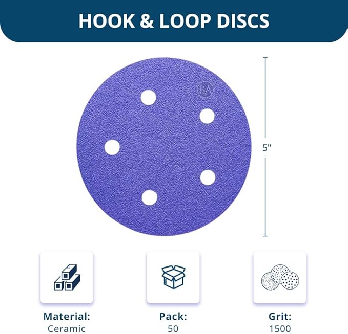 Benchmark Abrasives 5" Premium Ceramic 5 Holes Film Backed Hook and Loop Discs For Sanding of Metals Non-Ferrous Metals Wood Plastic Fiberglass (Pack of 50) - 1500 Grit