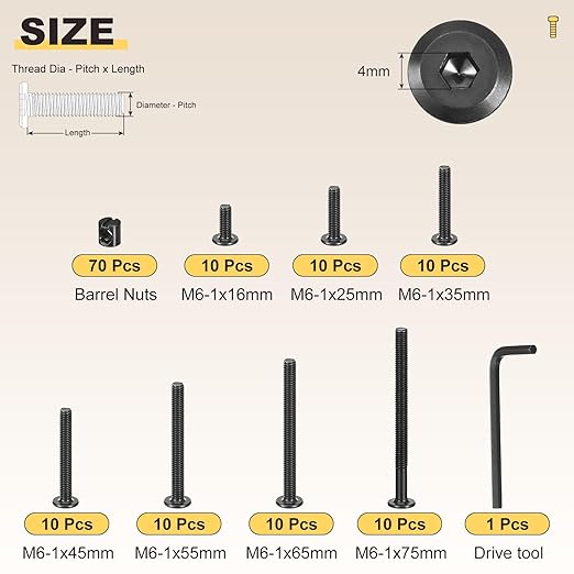 METALLIXITY Furniture Crib Screws Replacement Set with Wrench(M6-1x16/25/35/45/55/65/75mm) 140Pcs, Galvanization Connector Bolt M6 Barrel Nuts Binding Screws, for Chair Cabinet Bed, Black