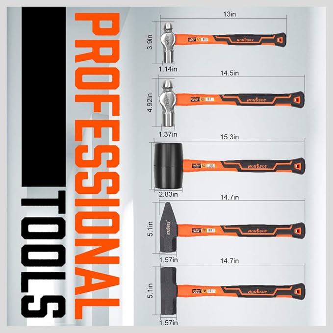 HORUSDY 5-Piece Hammer Set, 16oz and 32oz Ball Pein Hammers, 32oz Rubber Mallet, 3lb Sledge, 3lb Cross Peen Hammer