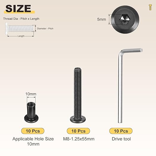 METALLIXITY Furniture Crib Screws Replacement Set with Wrench(M8-1.25x55) 20Pcs, Galvanization Connector Bolts M8 Screw Barrel Nuts Binding Screws, for Chair Cabinet Bed, Black