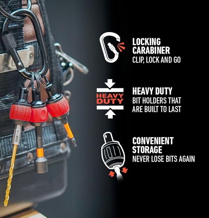 Bit Holder Key Chain Screwdrivers - Railer Heavy Duty 1/4" Hex Soft Ball Grip Bit Holders & Secure Keychain Carabiner. HVAC Tools w/Quick Release For Nut Drivers, Impact Driver & Drill Bits