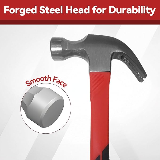 16oz Claw Hammer with 376pcs Nails Set, Smooth Face and Forged Steel Head, Shock-Absorbing Fiberglass Handle, Red and Black Handle for Carpentry and General Purpose
