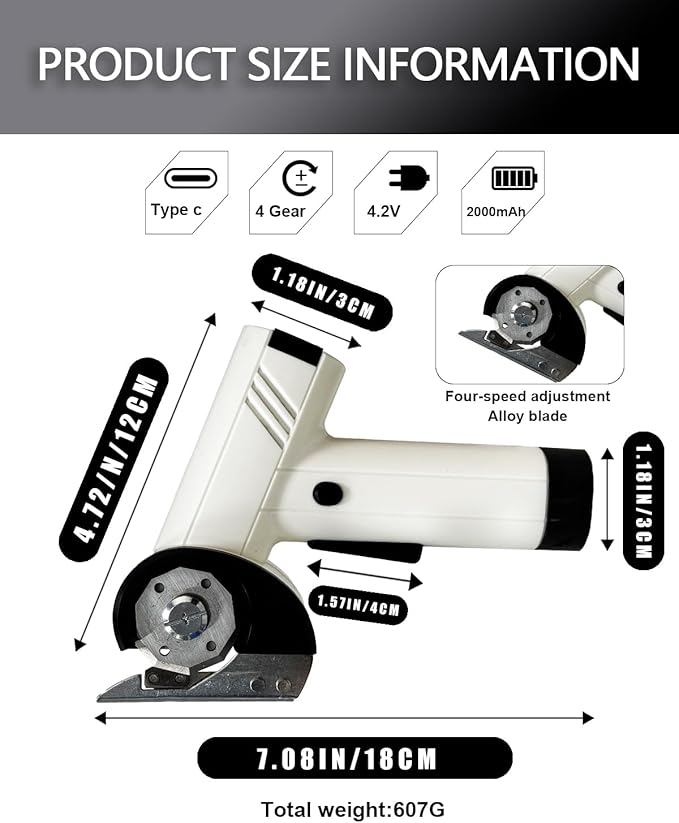 Cordless Scissors Electric Cutter: 4.2V Rechargeable LED Display Cardboard Cutting with 2 Blades LED Light Easy and Safe Cutting - Office Tailors Handmade Crafts and Warehouse (White)