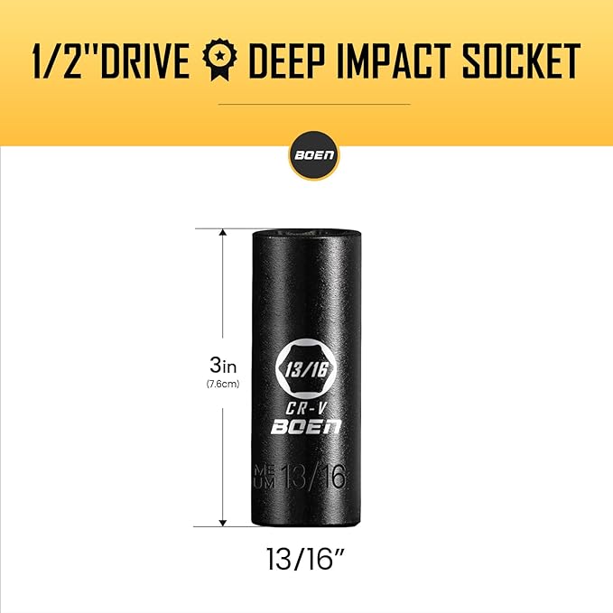 BOEN 1/2" Drive Deep Impact Socket,13/16 Inch Premium Socket,SAE,6 Point,Cr-V Steel with Laser Marking - Strong and Durable