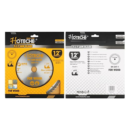 Hoteche 12-Inch Circular Saw Blade for Wood 60-Tooth Tungsten Carbide-Tipped Blade High-Performance Professioal Saw Blade for Miter Saw and Table Saws with 1-1/4-inch, 1-3/16-inch, 1-inch Arbor