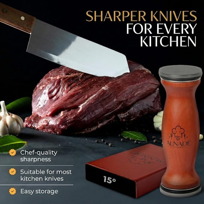 Rolling Knife Sharpener with Comfortable Beech Wood Handle - Premium Kitchen Knife Sharpener Kit for Home Cooks & Chefs, Diamond & Ceramic Wheels, Dual Angle Design, Gift Box Included