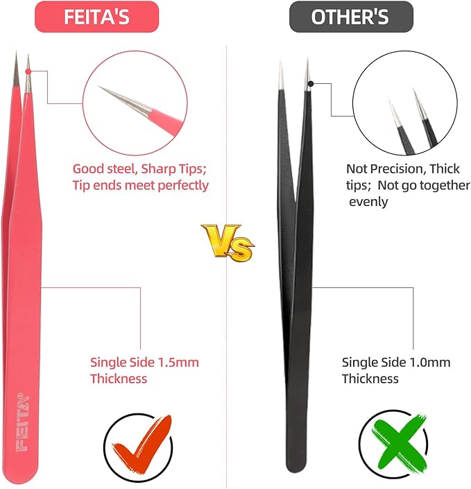 FEITA Pink Precision Craft Tweezers Set, Upgraded Stainless Steel Pointy, Curved, Falt Twizers for Crafting, Bead, Sticker, Jewelry-Making, Hobby Tools