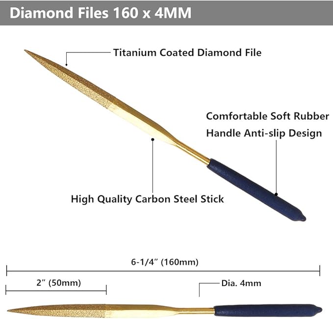 YAKAMOZ 10Pcs Titanium Small Diamond Needle File Set 4x160mm Mini Round Square Flat Shape Riffler Files Precision Hand Tools for Metal Glass Wood Stone Jewelry