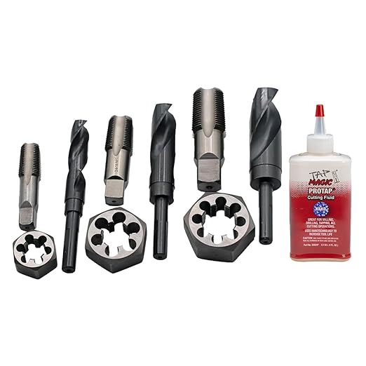 Drill America Plumber's Tool Kit, Drill, Tap and Die Kit, 10-Piece Tool Set with 3 NPT Tap and Drill Bits, 3 NPT Hex Dies (1/2?? 3/4", 1??, 4oz Tap Magic Cutting Fluid with Storage Bag, KMZPLUM12
